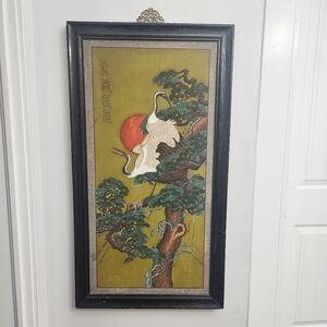 Antique Chinese Art Wall Hanging Large Raised Design Painted Crane in Tree 24x85